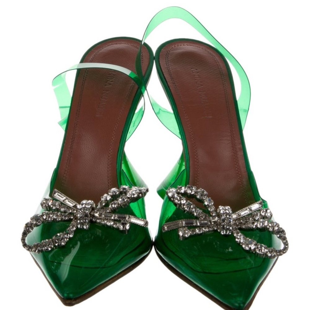 Amina Muaddi Emerald Crystal Bow Heels